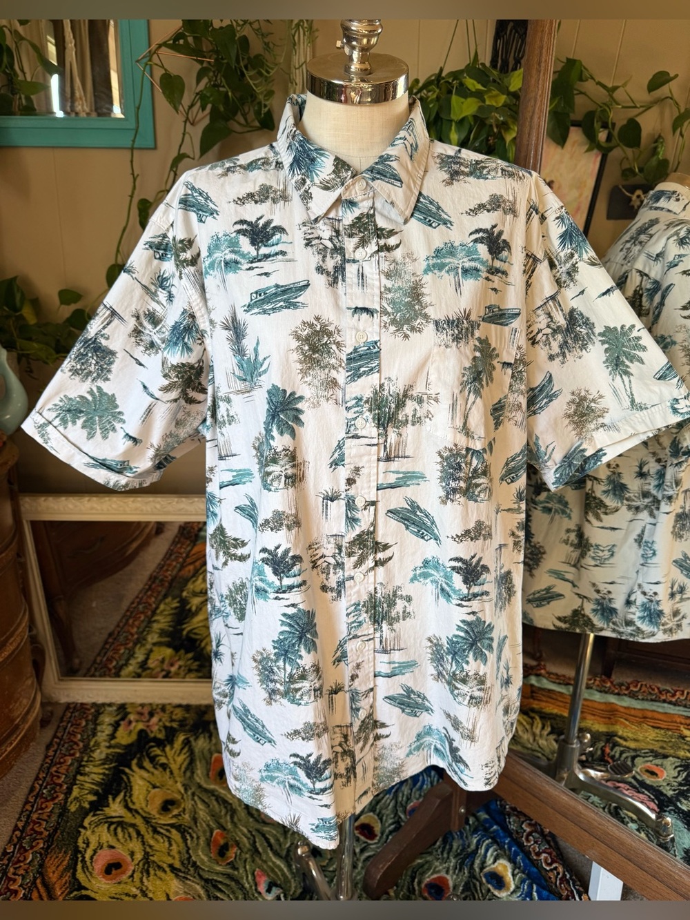 Haggar White Short-Sleeve Button-Down with Teal Tropical Print, men’s 2XLT